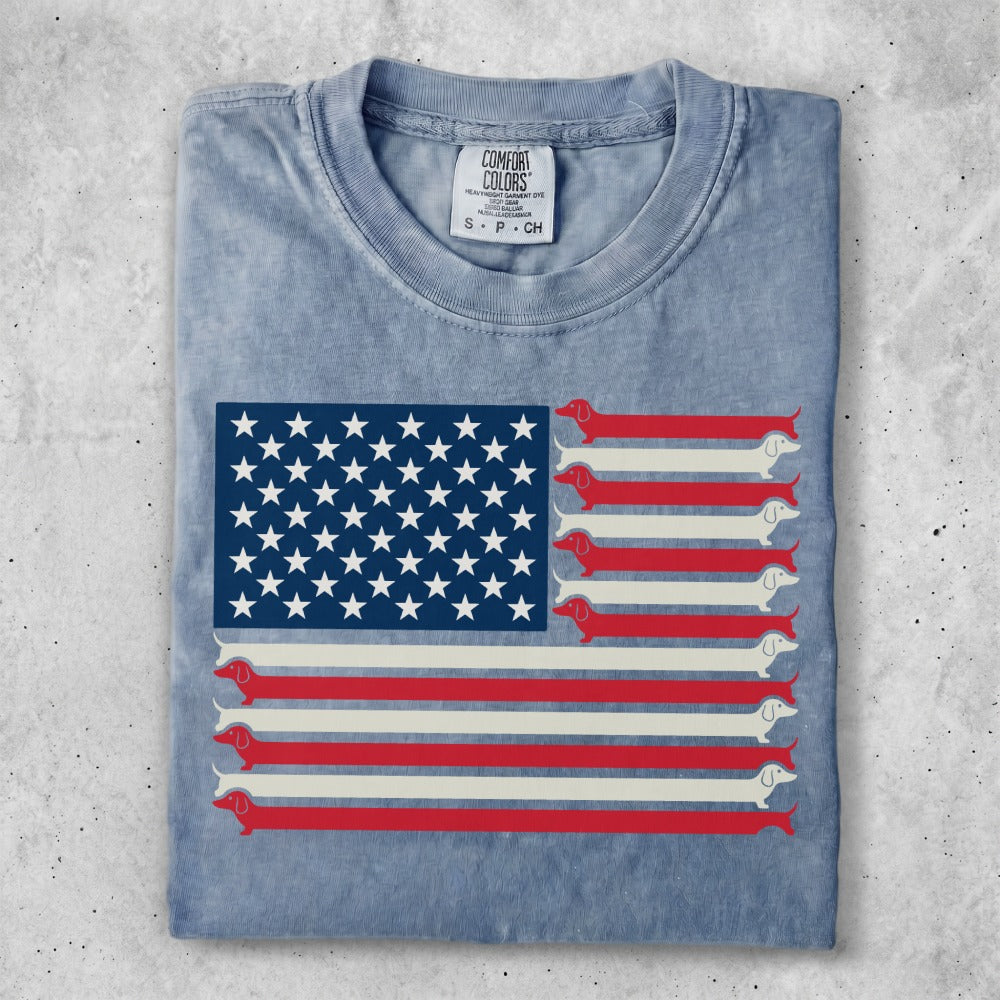 Distressed US flag with dachshunds as stripes and stars.