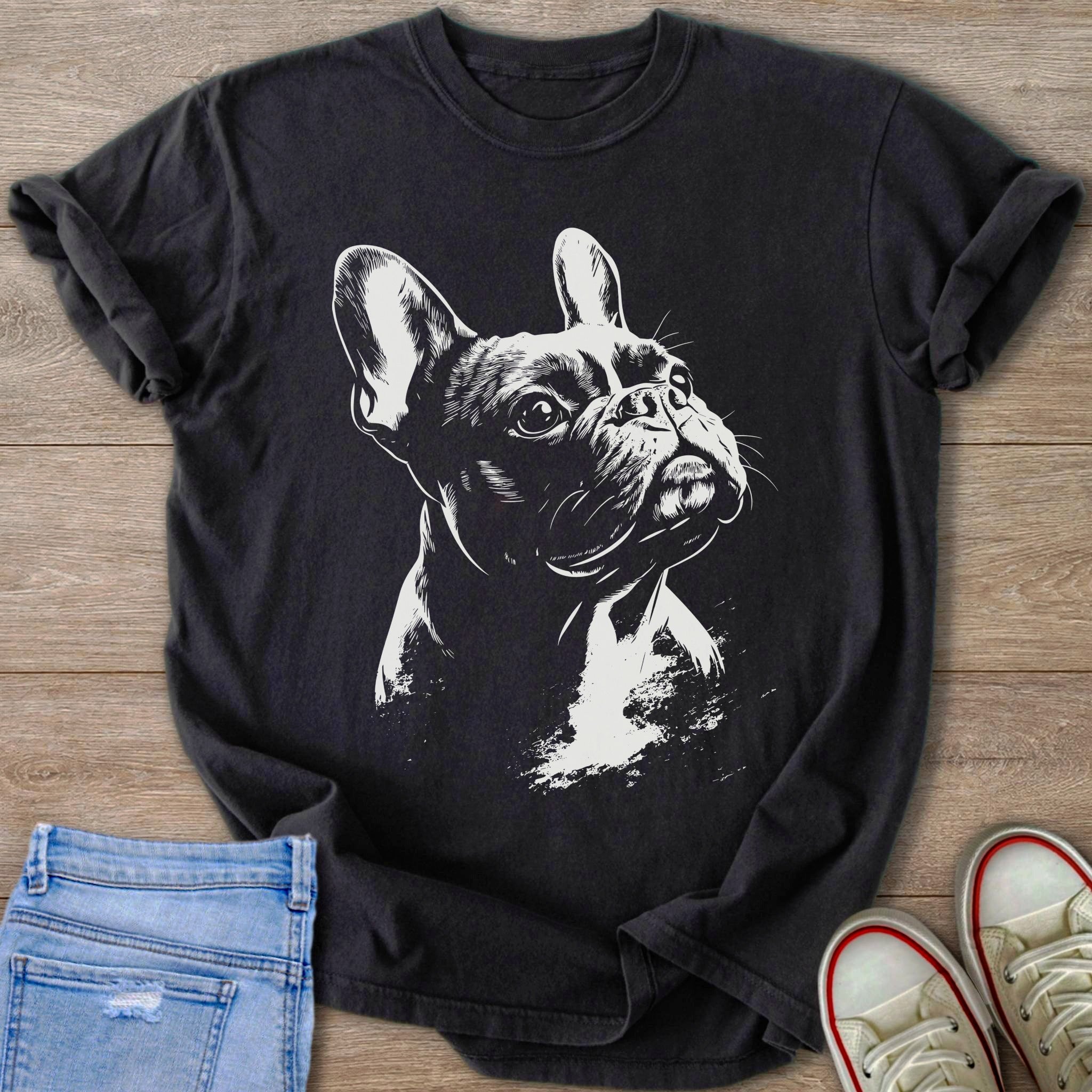 Dark t-shirt with a white ink sketch of a French Bulldog on a wooden surface.