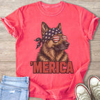German Shepherd wearing American flag bandana and sunglasses with "Merica" text.