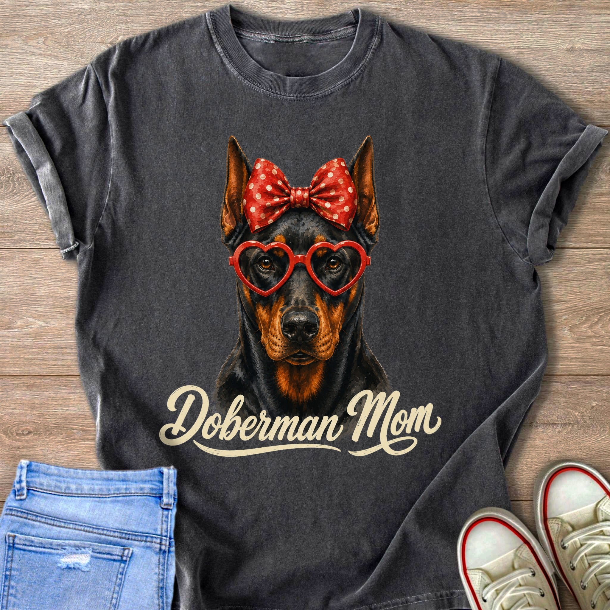 Doberman wearing heart glasses and red polka dot bow with "Doberman Mom" text.