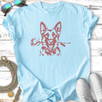Light blue t-shirt with a maroon German Shepherd holding a rose in its mouth.