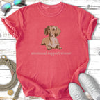 Coral t-shirt with a cartoon dachshund and "emotional support wiener" text.