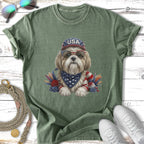 Shiba Inu dog wearing USA bandana and sunglasses, with patriotic decorations.