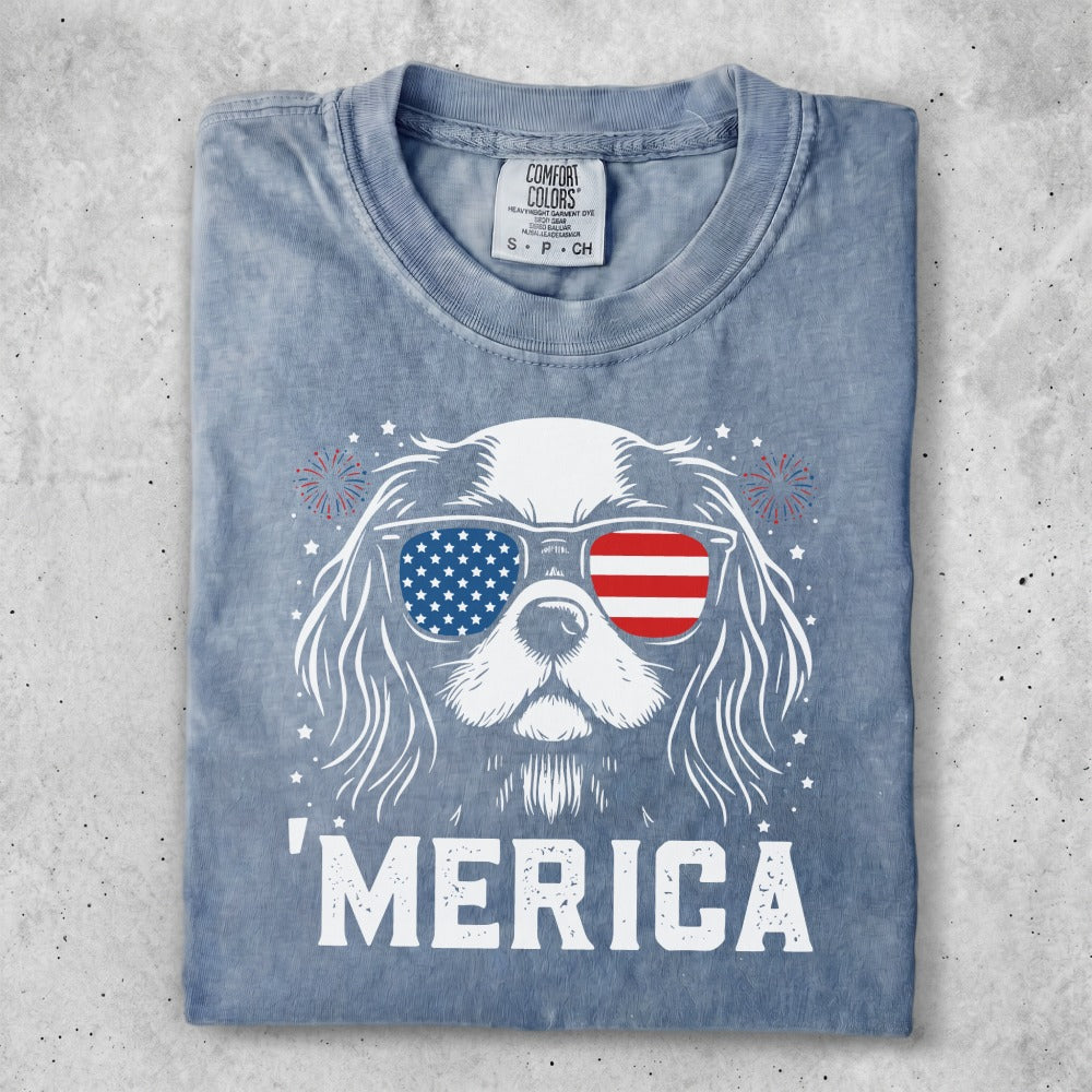Dog wearing sunglasses with American flag print and "MERICA" text.