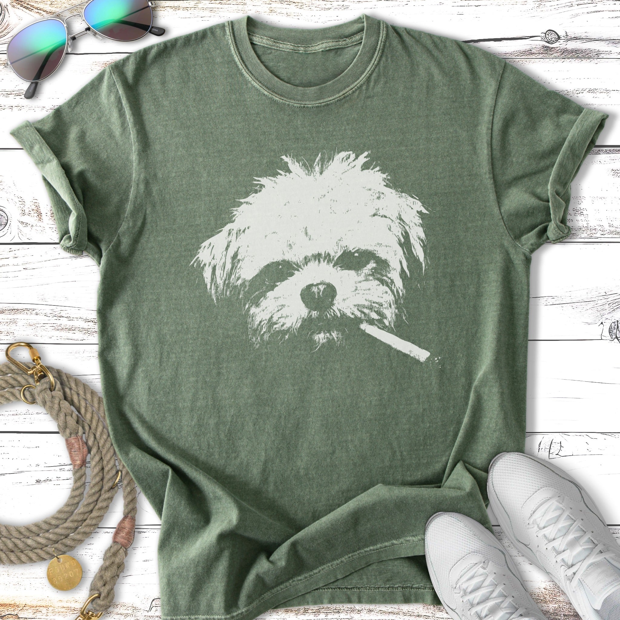 Distressed graphic t-shirt with a white dog's face smoking a cigarette.