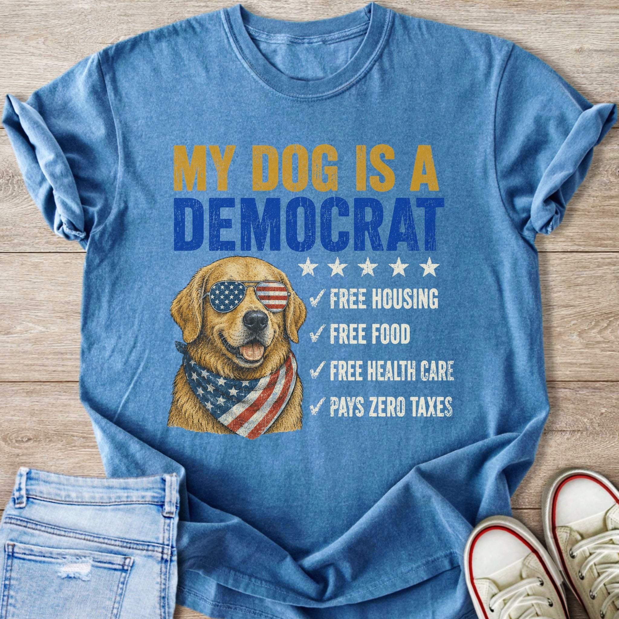 Blue t-shirt with golden retriever wearing American flag sunglasses and bandana. Text: My Dog is a Democrat.