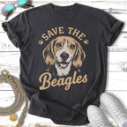 Dark t-shirt with a graphic of a Beagle's head and the text "SAVE THE Beagles".