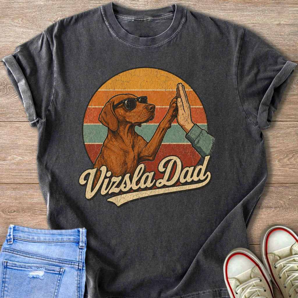 Vizsla Dad vintage graphic t-shirt with distressed print of a dog and person high-fiving.