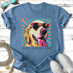 Golden Retriever wearing sunglasses against a sunburst background.