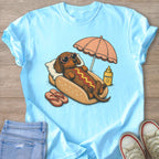 Dachshund in hot dog bun with heart-shaped sunglasses and sunscreen bottle illustration.
