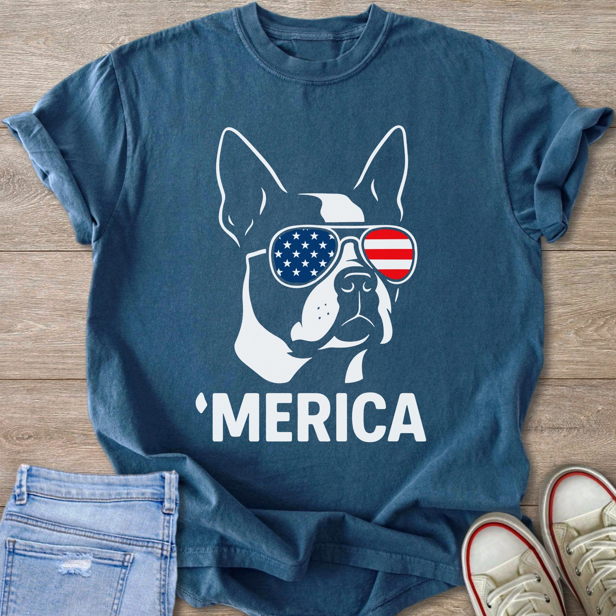 Blue t-shirt with white graphic of French bulldog wearing American flag sunglasses and text 'MERICA.