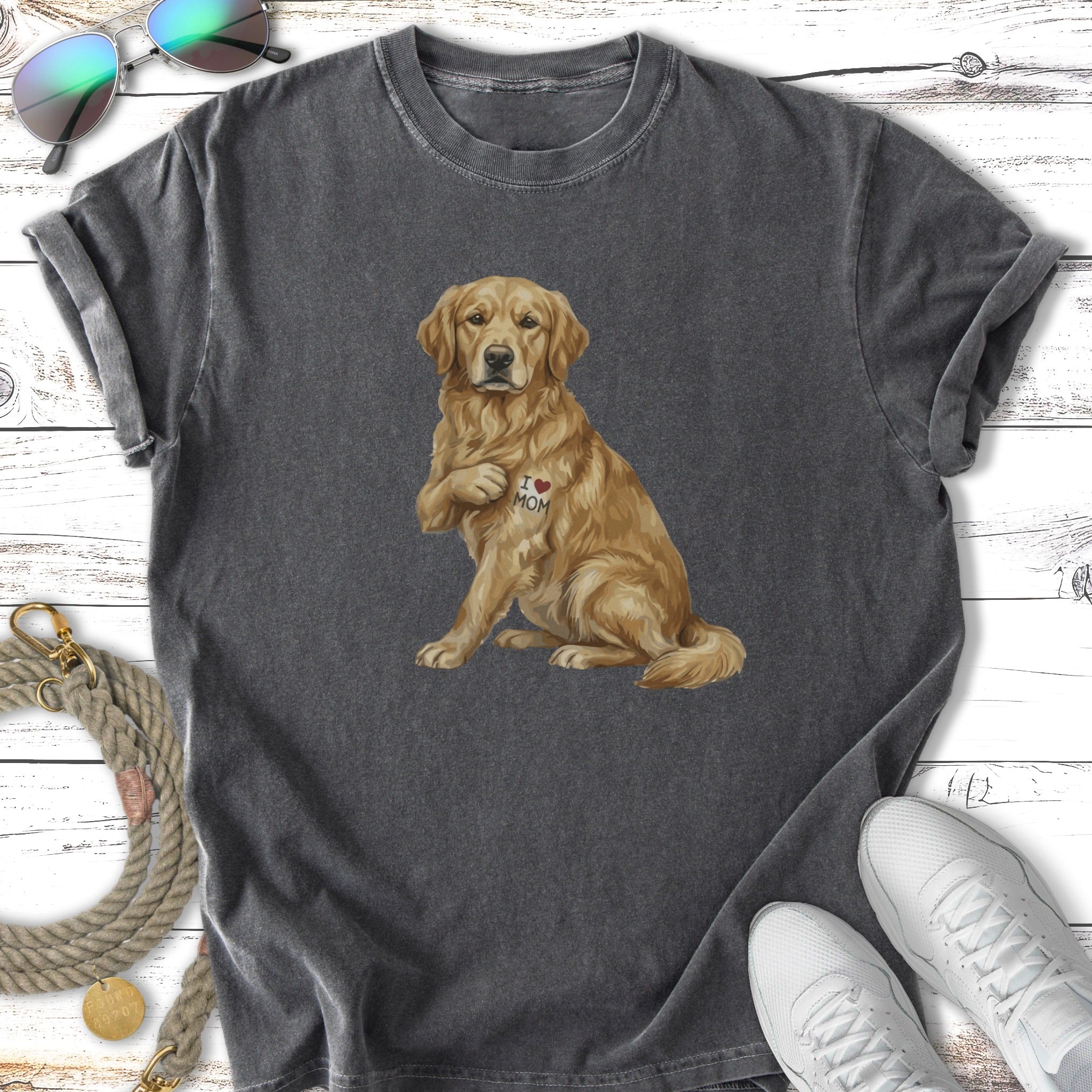 Golden Retriever with "I Love Mom" tattoo on its chest.