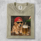 Golden retriever dog wearing sunglasses and red hat pours beer.