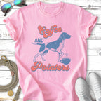 Pink t-shirt with "Coffee and Pointers" text and dog illustration.