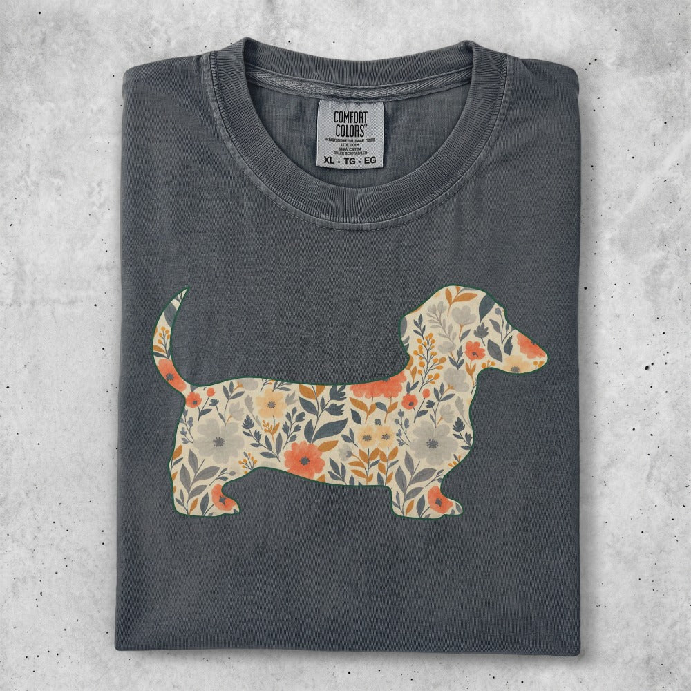 Dark gray t-shirt with a dachshund silhouette filled with floral pattern.