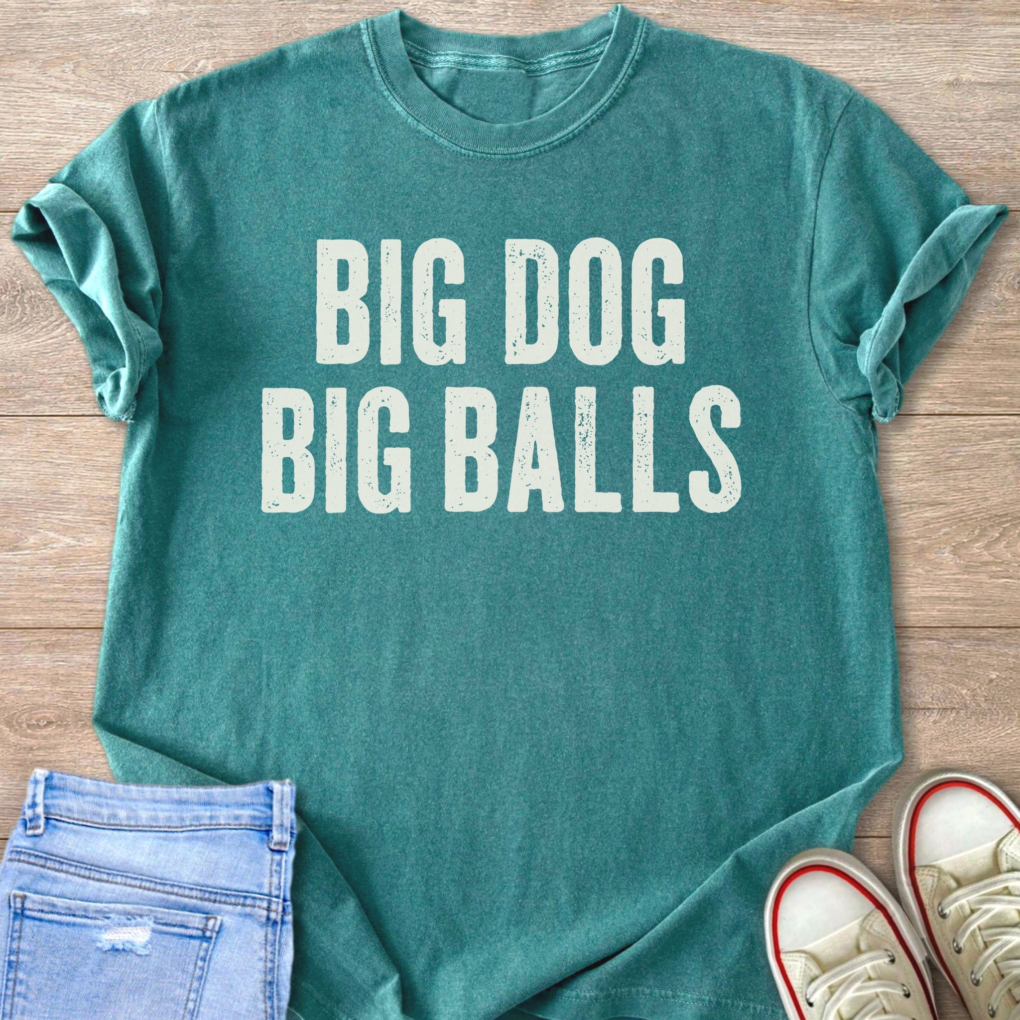 Teal t-shirt with white "BIG DOG BIG BALLS" text, laid flat with jeans and sneakers.