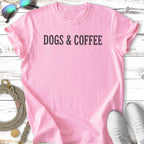 Pink t-shirt with "DOGS & COFFEE" text, dog leash, and sneakers.