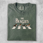 The Beatles Abbey Road album cover reimagined with beagles.