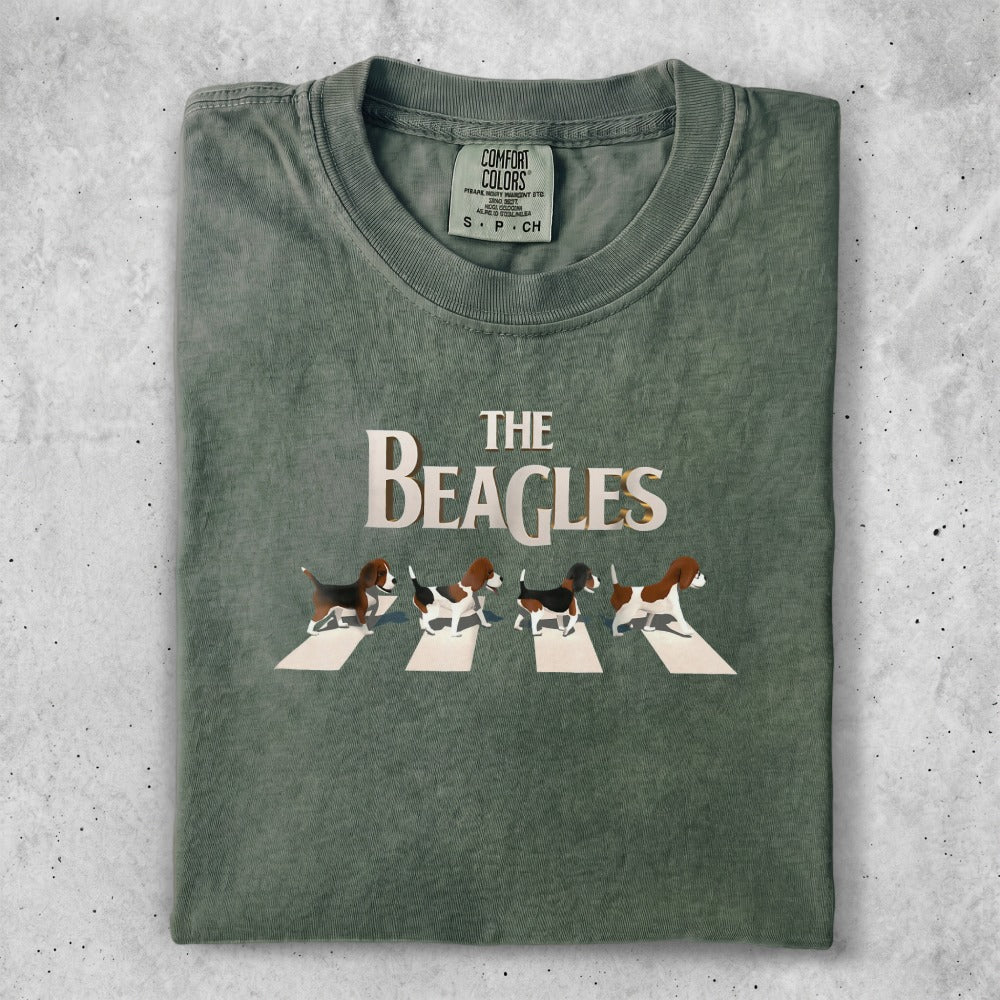 The Beatles Abbey Road album cover reimagined with beagles.