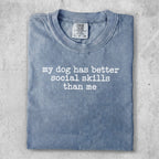 Blue Comfort Colors t-shirt with white text "my dog has better social skills than me".
