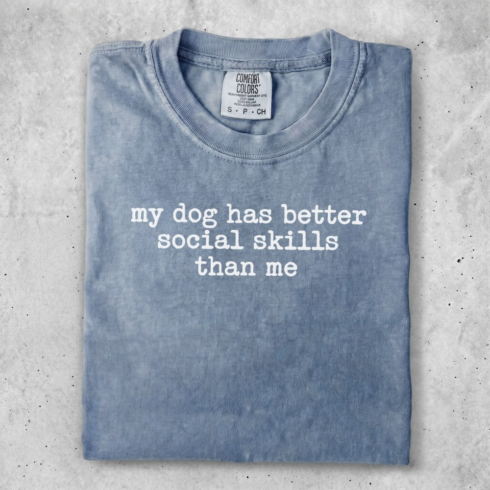 Blue Comfort Colors t-shirt with white text "my dog has better social skills than me".
