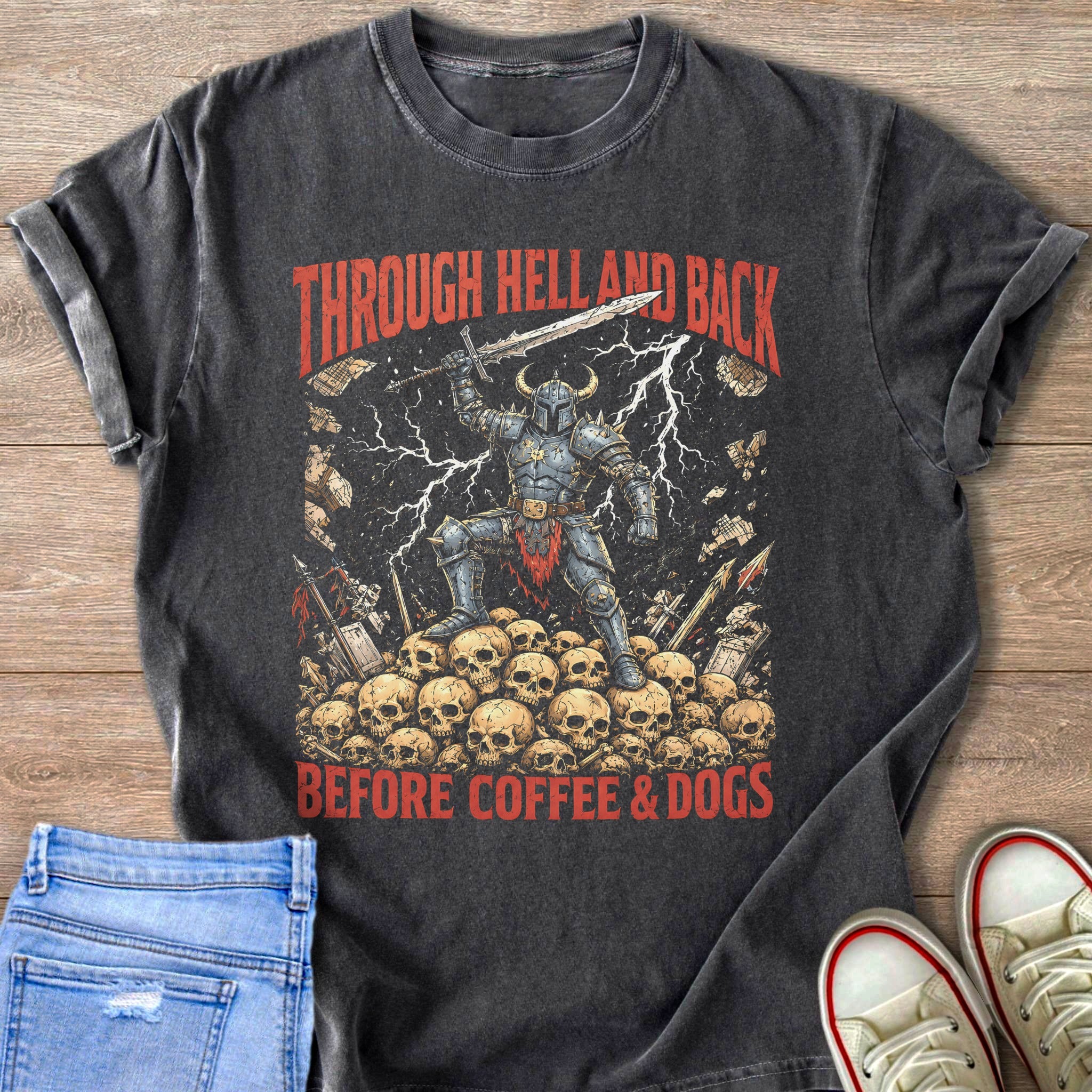 Grim knight on skulls with text "THROUGH HELL AND BACK BEFORE COFFEE & DOGS".
