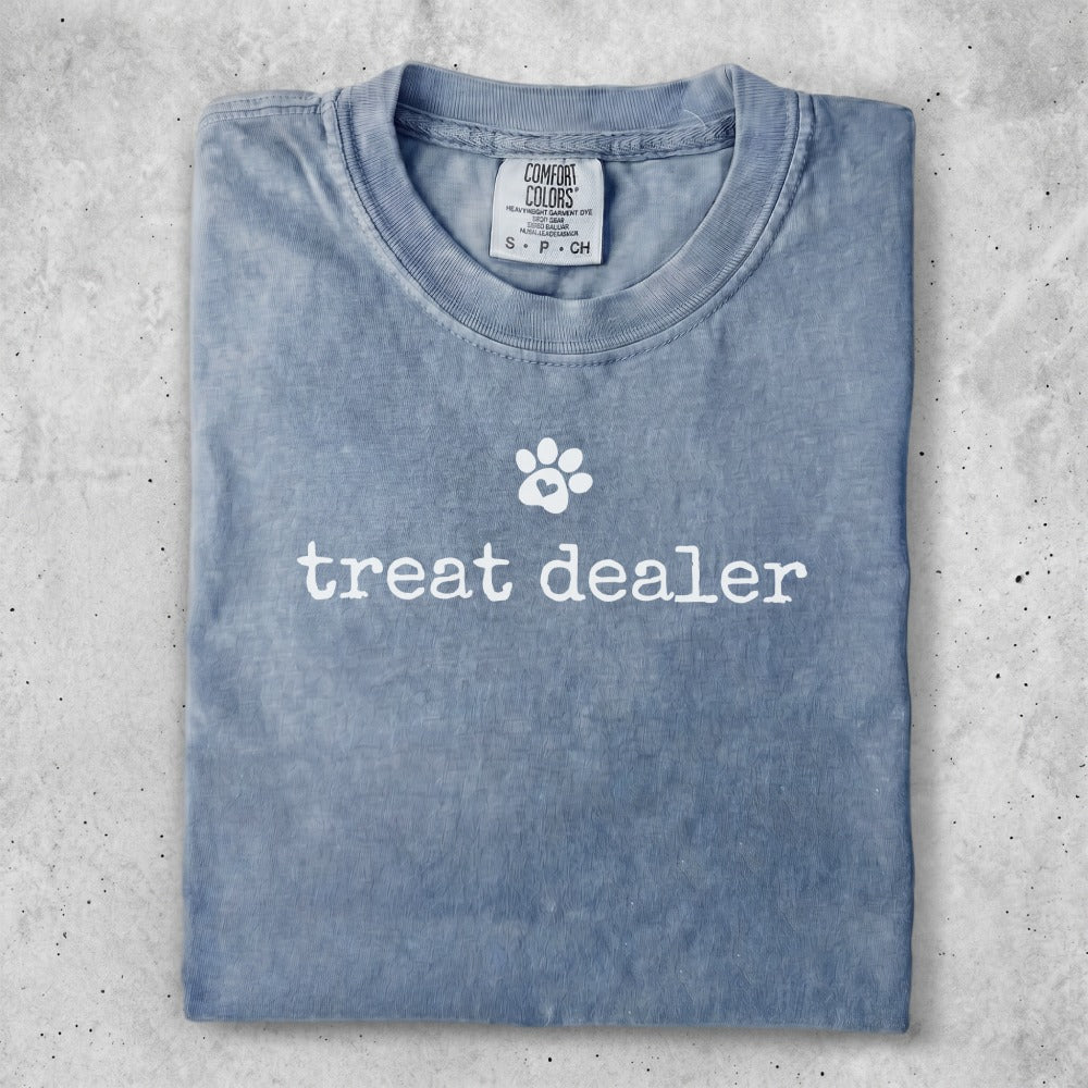 Comfort Colors t-shirt with paw print and "treat dealer" text.