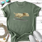 T-shirt with a watercolor illustration of a small, tan dog running.