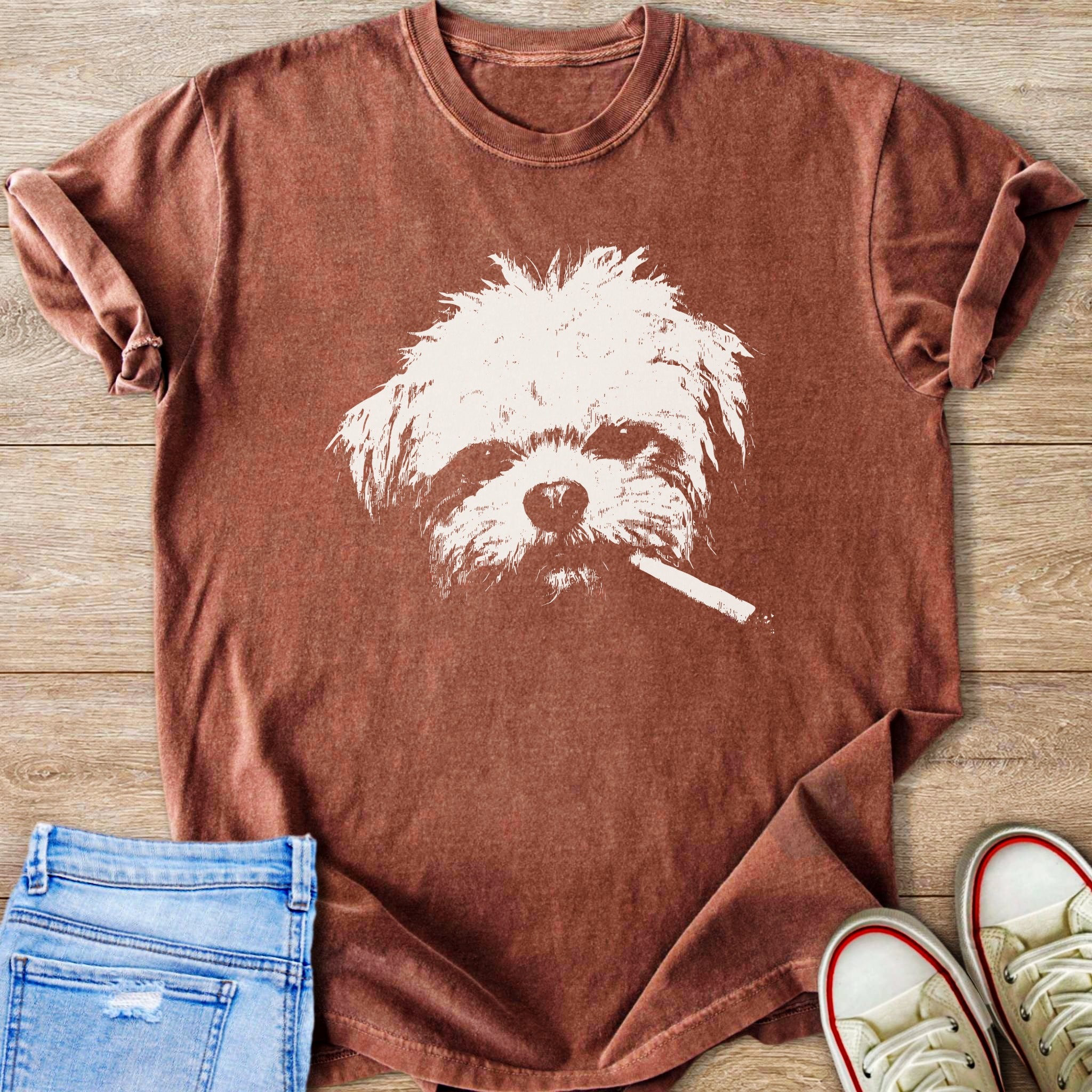 T-shirt with a white graphic of a dog with a cigarette.