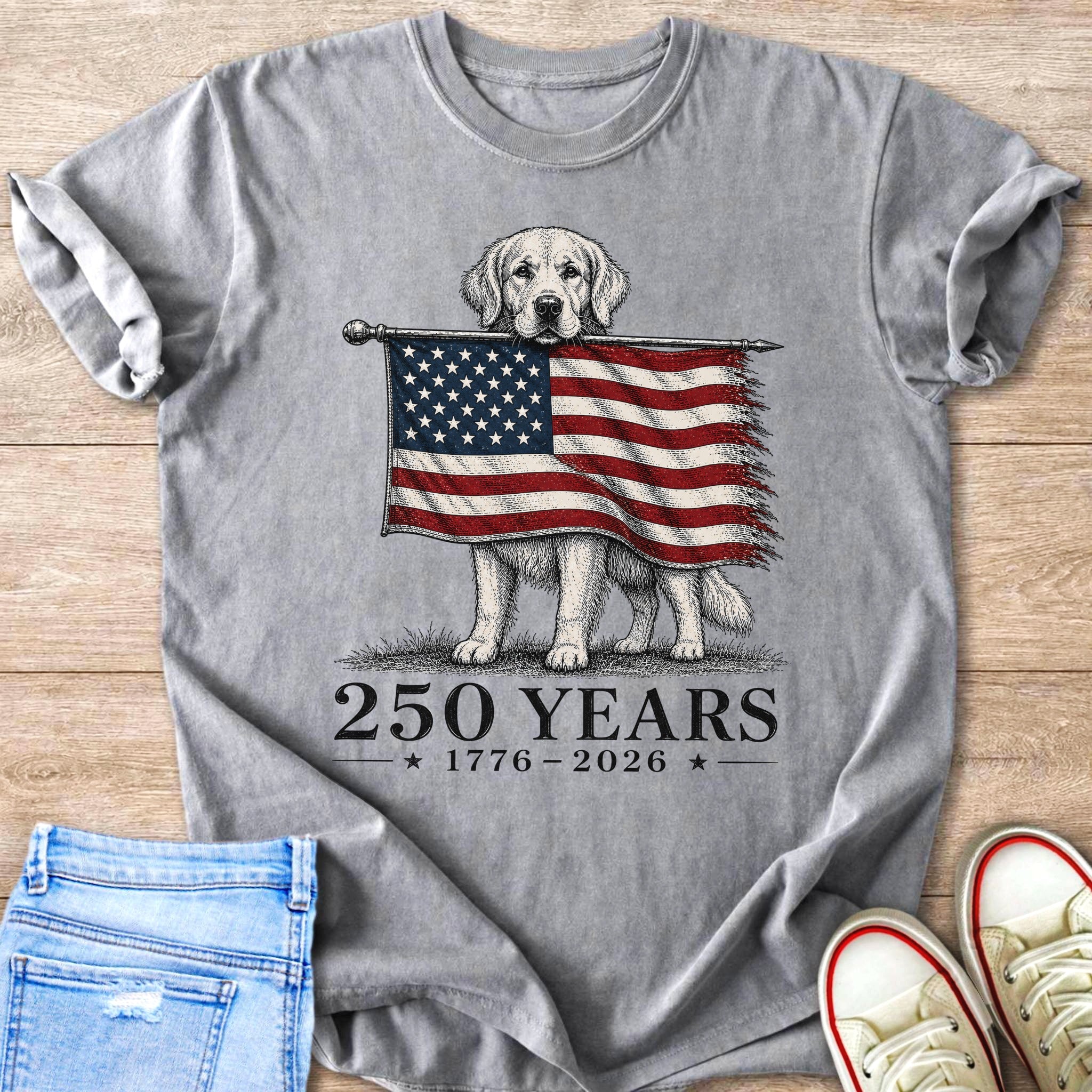 Dog with American flag; text reads "250 YEARS 1776–2026".