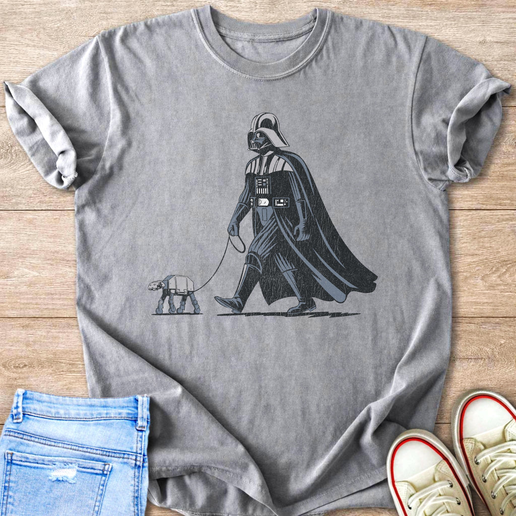 Darth Vader walking an AT-ST walker on a leash.