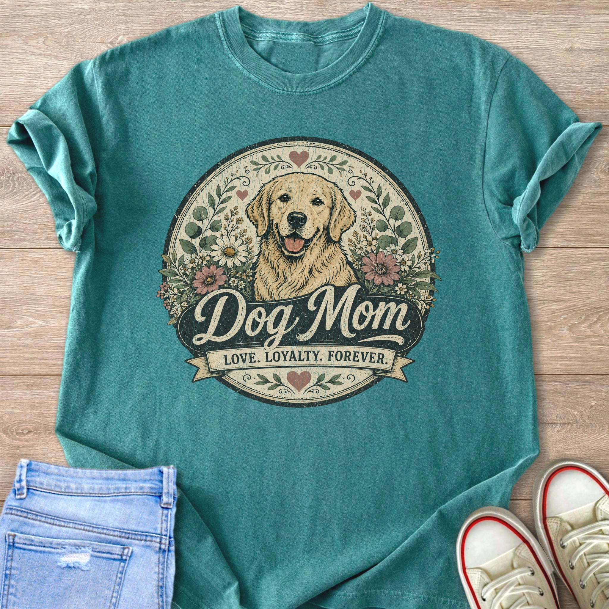 T-shirt with a golden retriever graphic, "Dog Mom Love. Loyalty. Forever." text.