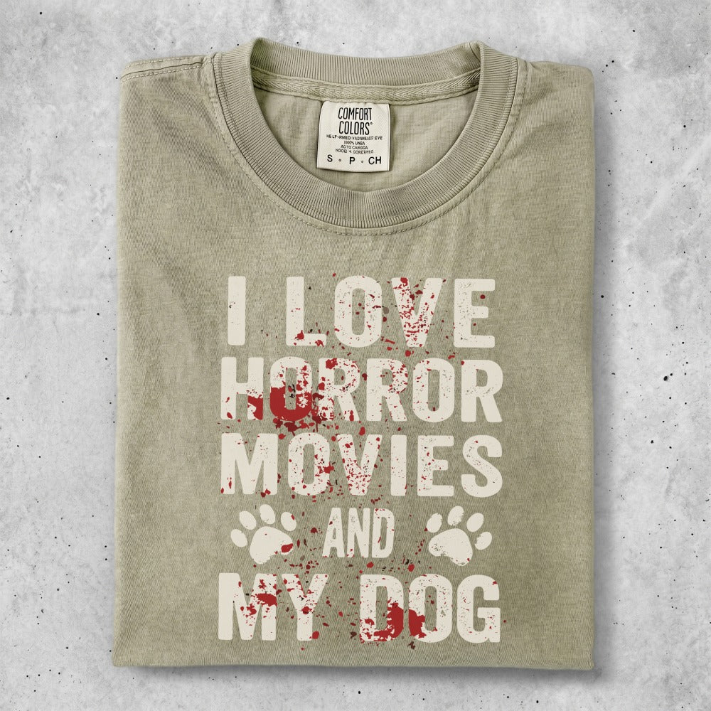 I love horror movies and my dog graphic t-shirt.