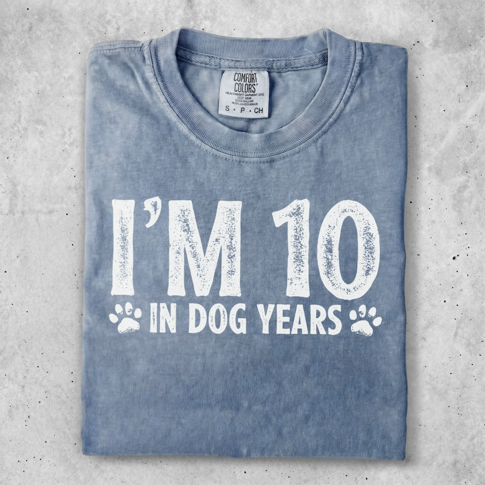 Blue t-shirt with "I'M 10 IN DOG YEARS" text in white.
