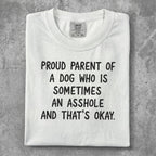 White t-shirt with "Proud parent of a dog who is sometimes an asshole" text.