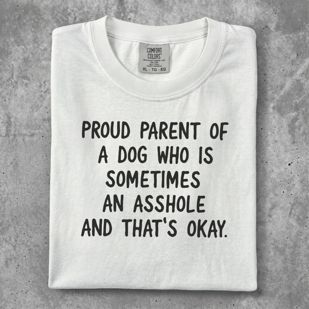 White t-shirt with "Proud parent of a dog who is sometimes an asshole" text.