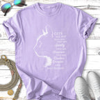 Purple t-shirt with white text "Cats are not just cats, they are sanity, happiness, teachers, therapists and best friends."