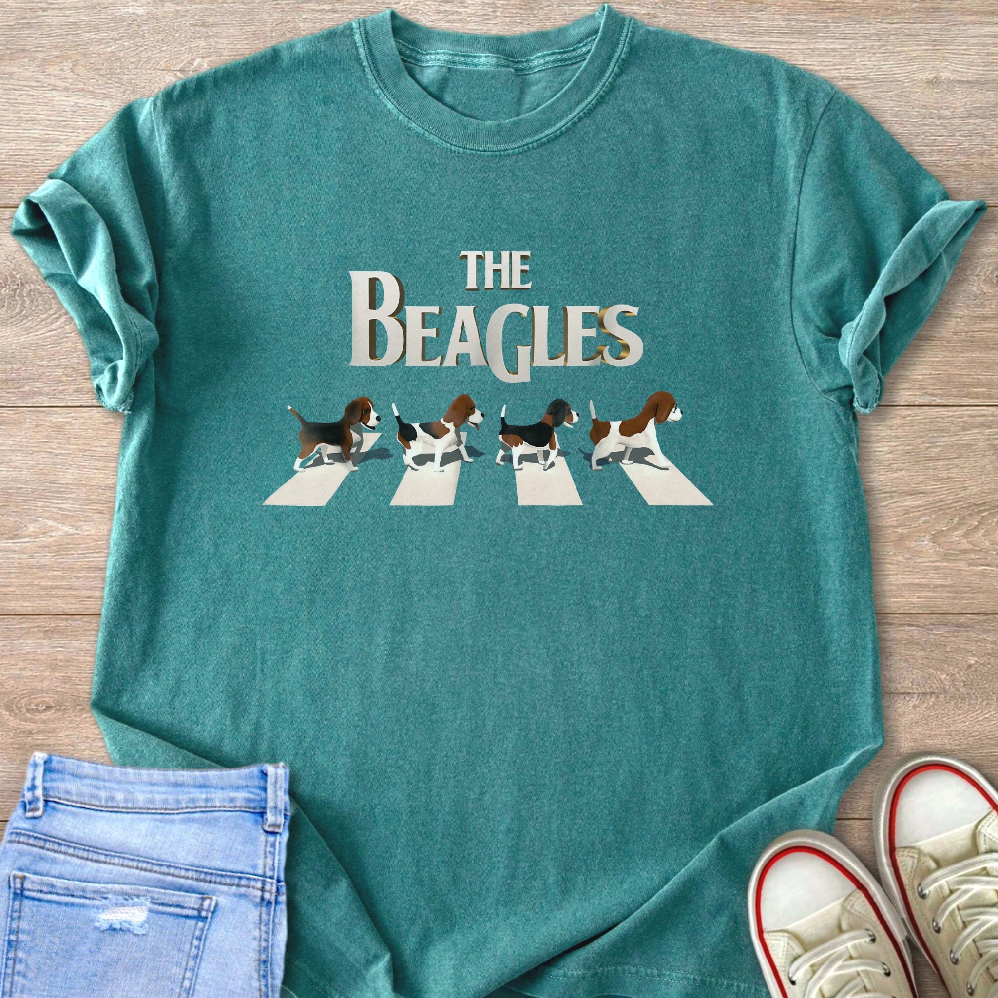 Green t-shirt with "The Beagles" text and four beagles walking on a crosswalk.