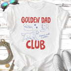 White t-shirt with "Golden Dad Club" and dog illustration.