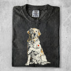 Dark grey t-shirt with a golden retriever wearing an "I love Dad" heart tattoo.
