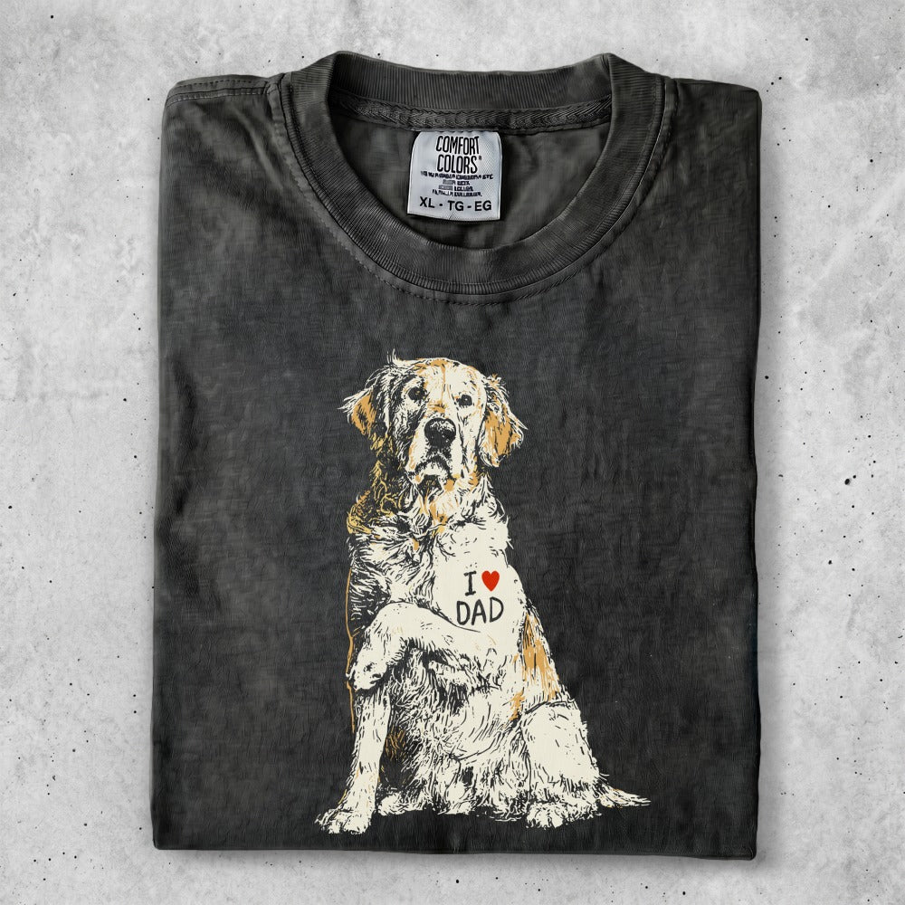 Dark grey t-shirt with a golden retriever wearing an "I love Dad" heart tattoo.