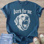 Blue t-shirt with white graphic of a snarling dog and text "bark for me".