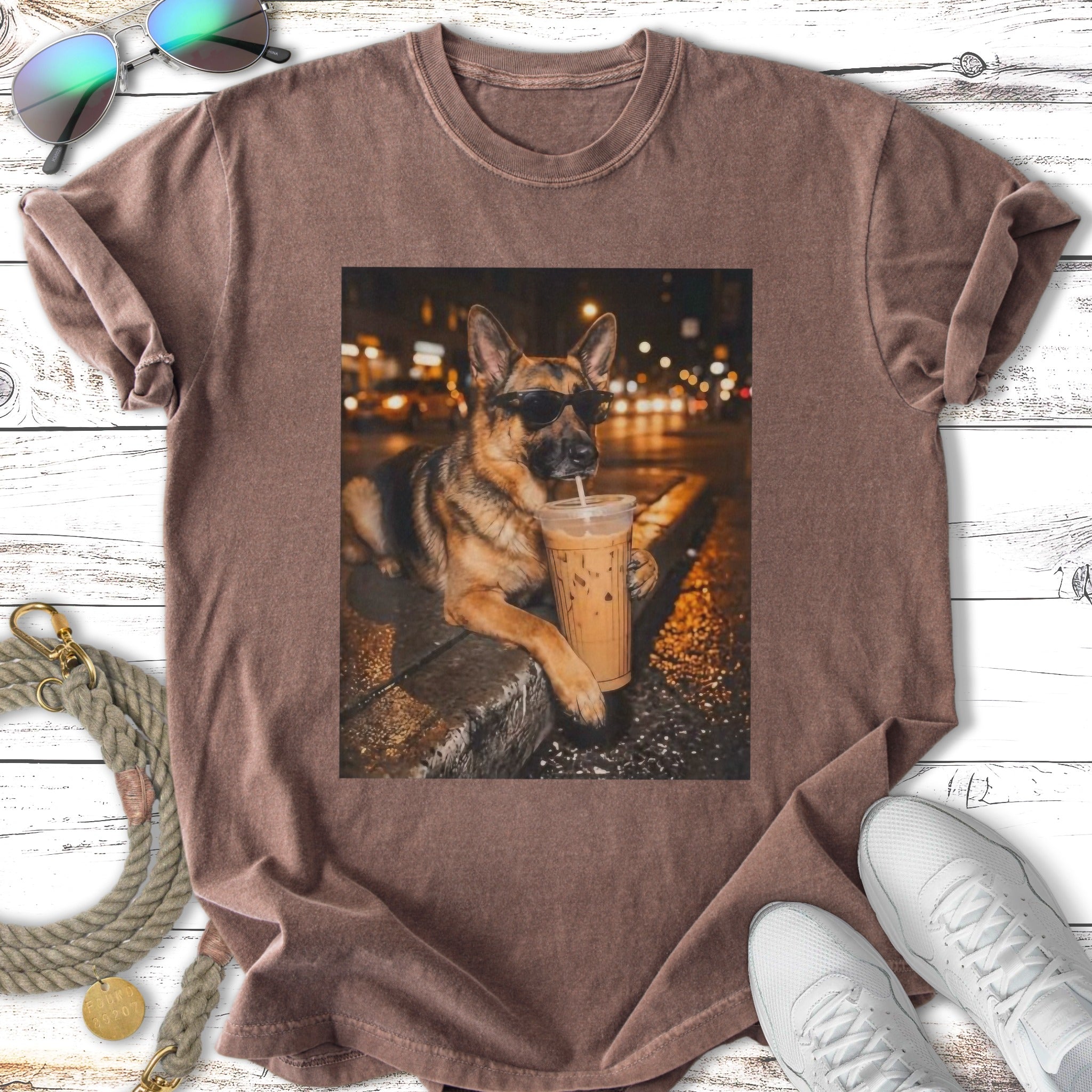 German Shepherd wearing sunglasses sips iced coffee on street.