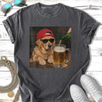 Golden retriever wearing sunglasses and red hat pours beer into mug.