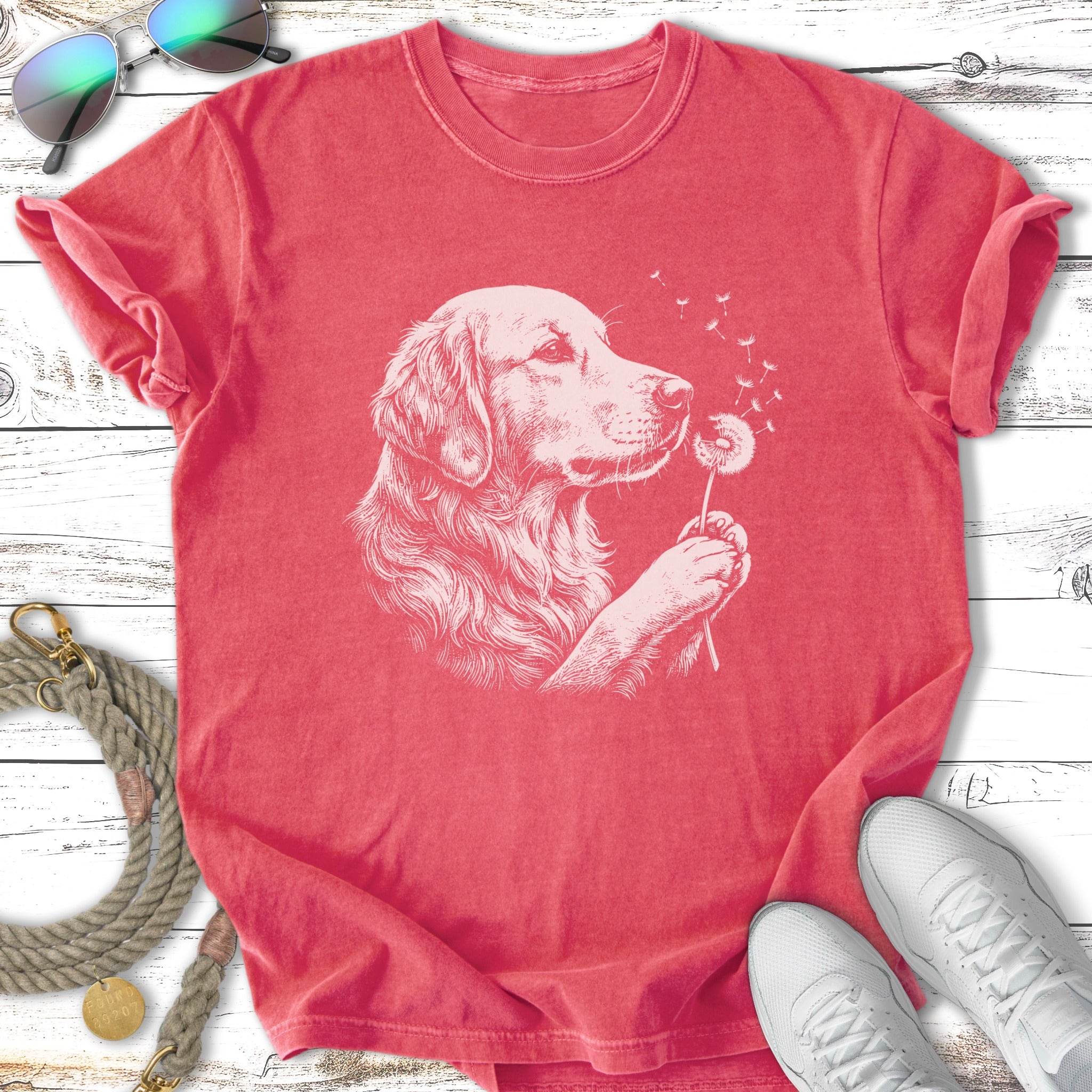 Golden retriever blowing on a dandelion puff against a coral t-shirt.