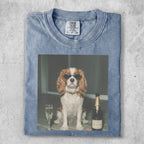 T-shirt with a dog wearing sunglasses and a champagne bottle.