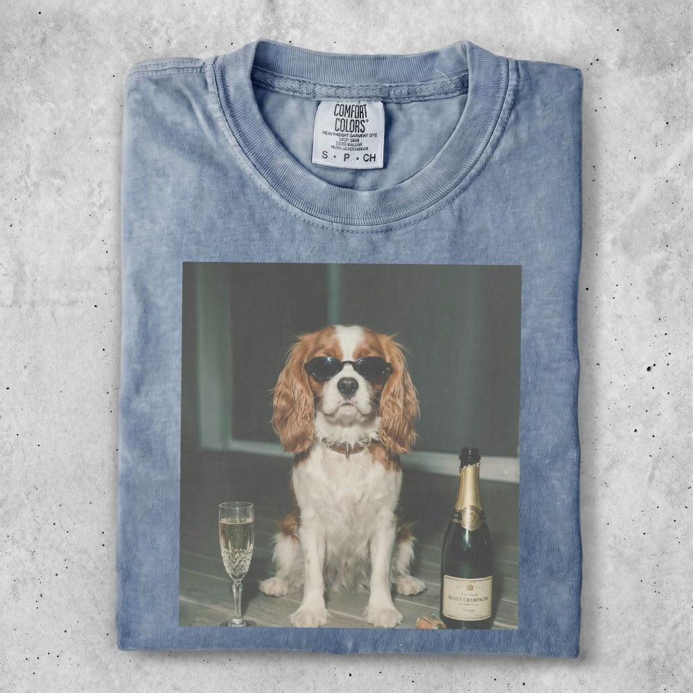 T-shirt with a dog wearing sunglasses and a champagne bottle.