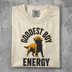 Cream t-shirt with "Goodest Boy Energy" text and a golden retriever graphic.
