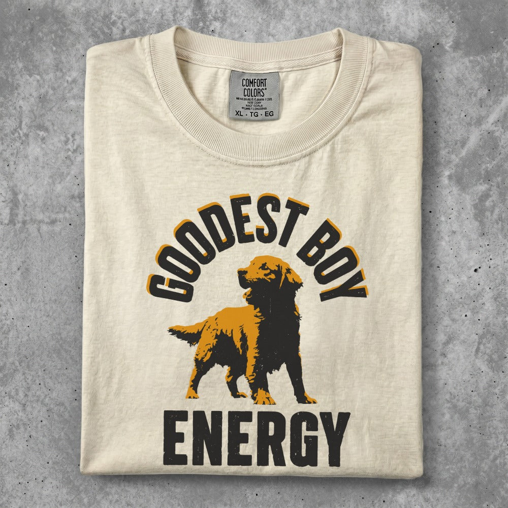 Cream t-shirt with "Goodest Boy Energy" text and a golden retriever graphic.
