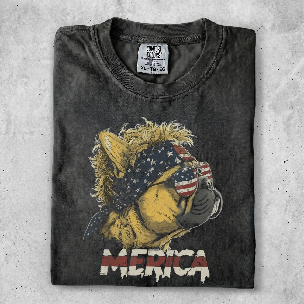 Black t-shirt with a distressed graphic of a French bulldog wearing sunglasses and a bandana, with "AMERICA" text.